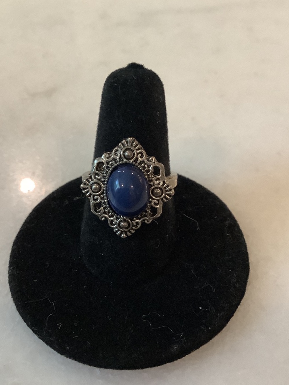 Women’s Ornate Blue Cabochon Silver Tone Accent Ring, Brand New